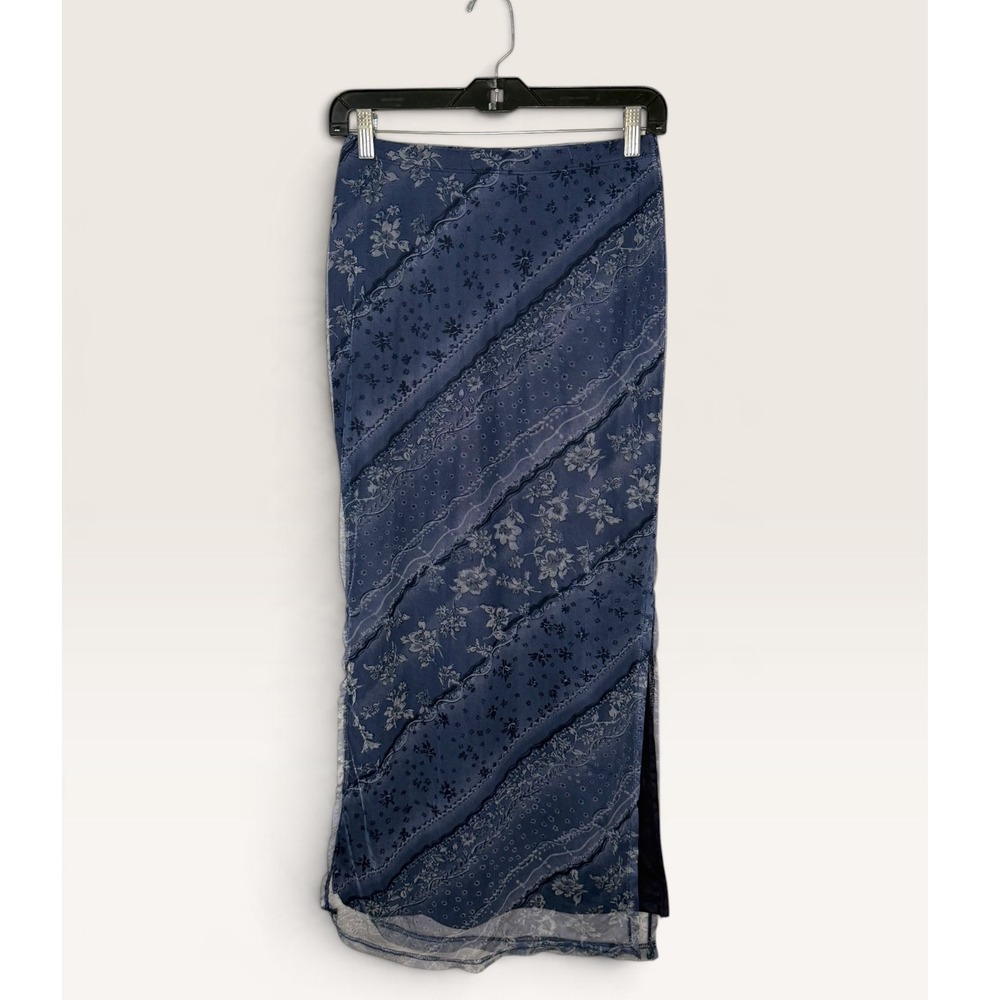 Vintage Y2K Entrancy Women's Medium Mesh Midi Skirt Blue Diagonal Floral